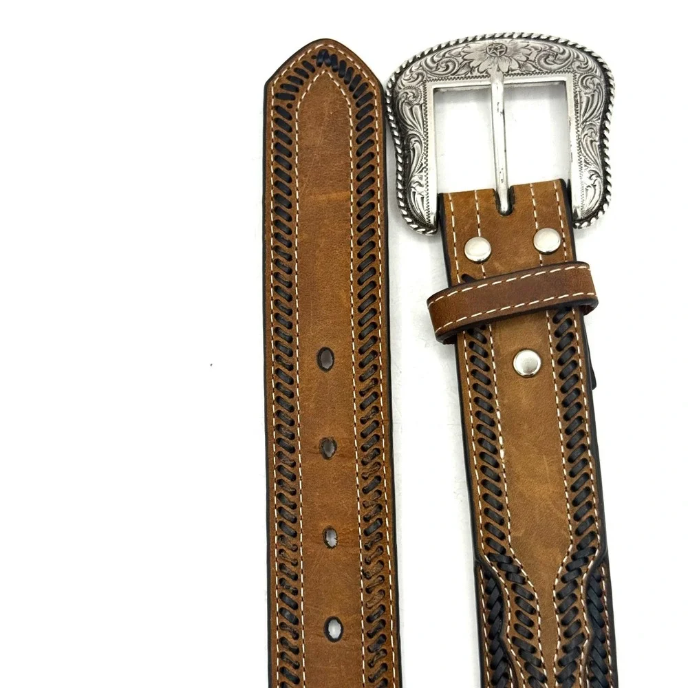 Nocona Western Leather Belt Sz 42 Brown Braided Inlay Cowboy Rodeo Silver Buckle